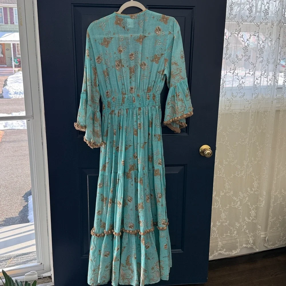Bohemian Leoni Al Sole by Giacono Cirque Turquoise Beaded Maxi Dress w/ Pom Poms - Picture 12 of 14